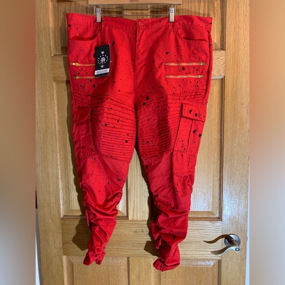 Brooklyn State Red w/Blk Splash Biker Zipper Stacked Slim Jeans Men's 5X 44X30+